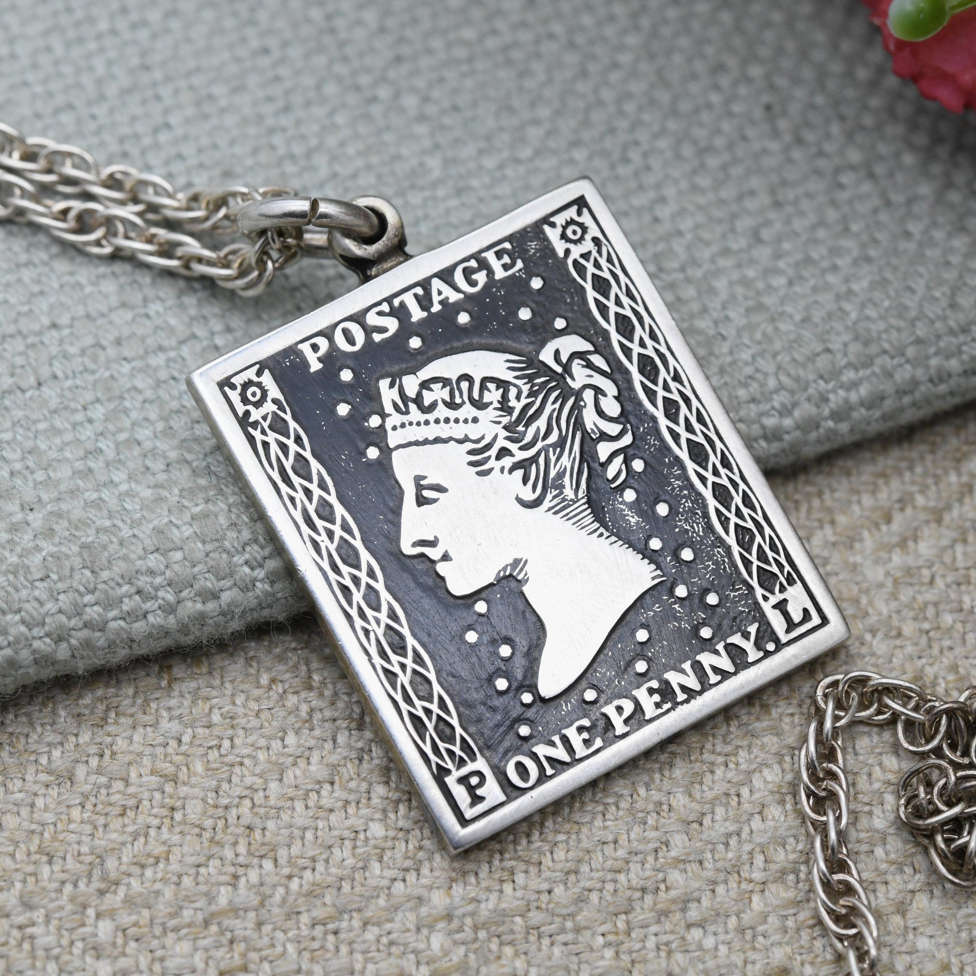 Vintage Sterling Silver One Penny Black Stamp Pendant 1978 - Italian Silver Triple Curb Link Chain Necklace