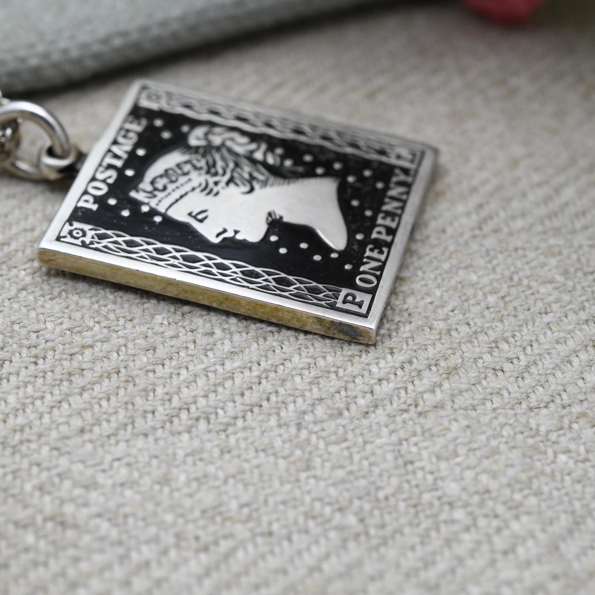 Vintage Sterling Silver One Penny Black Stamp Pendant 1978 - Italian Silver Triple Curb Link Chain Necklace