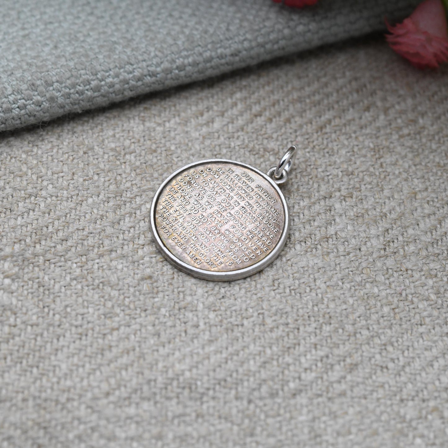 Vintage Silver Lord's Prayer Token Charm Pendant - Inscribed Religious Jewellery | Gift for Baptism Christening