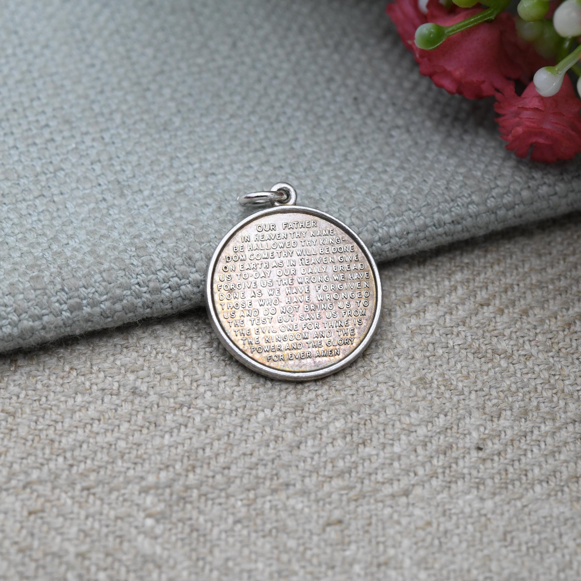 Vintage Silver Lord's Prayer Token Charm Pendant - Inscribed Religious Jewellery | Gift for Baptism Christening