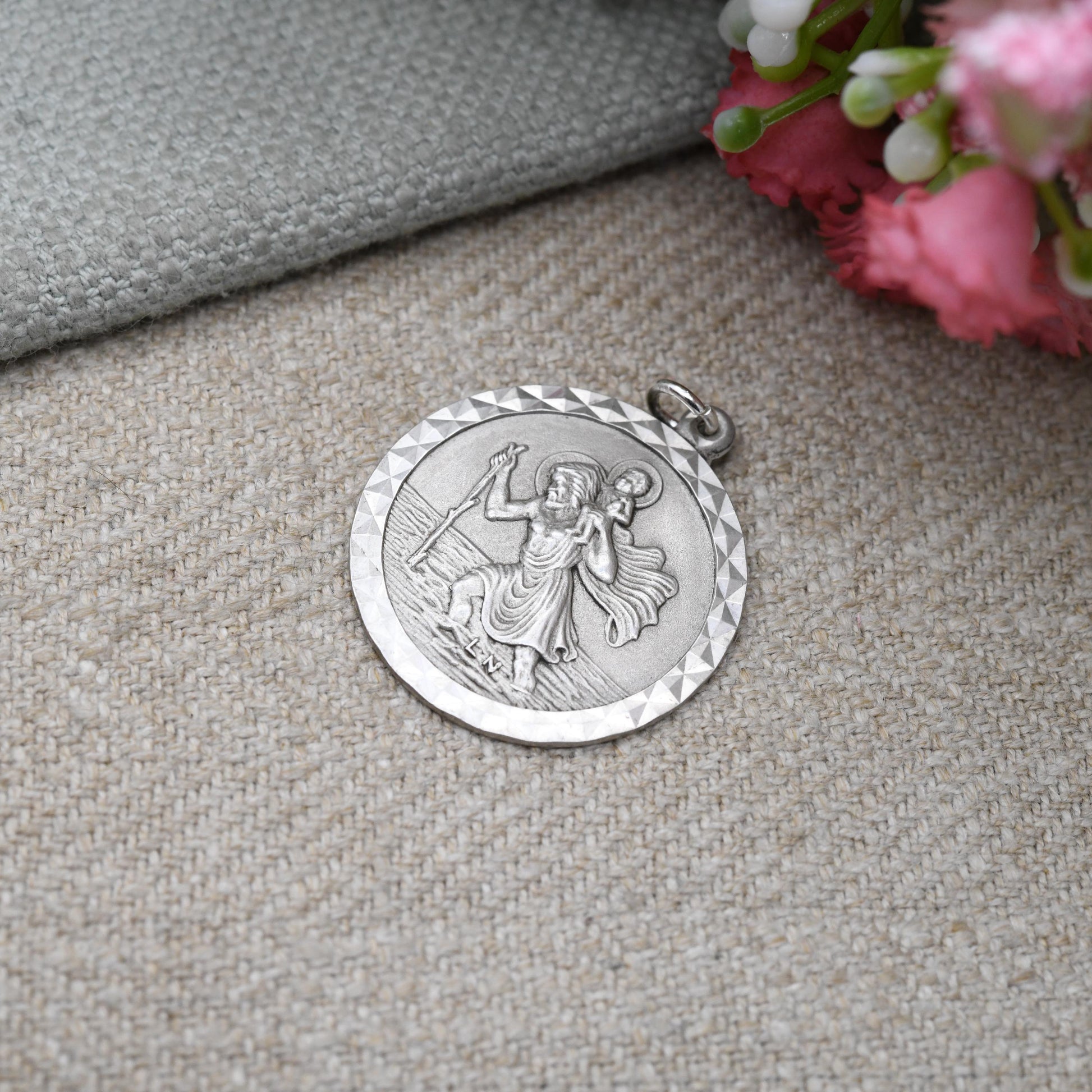 Vintage Sterling Silver St. Christopher Pendant Mid-Century - Small Circle Saint of Travelling | Christian Religious Detailed Jewellery Gift