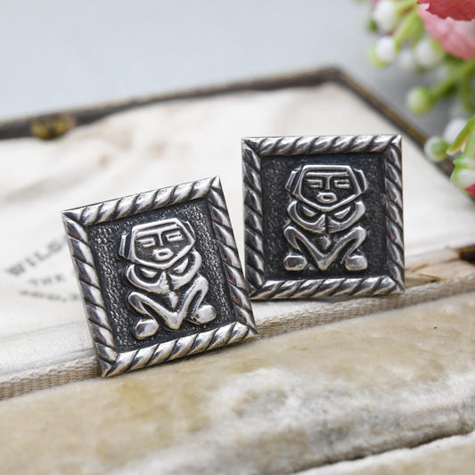 Vintage Mexican Silver Cufflinks - Aztec Textured Silver Figures | Raised Relied Central American Gift for Him | Bullet Back