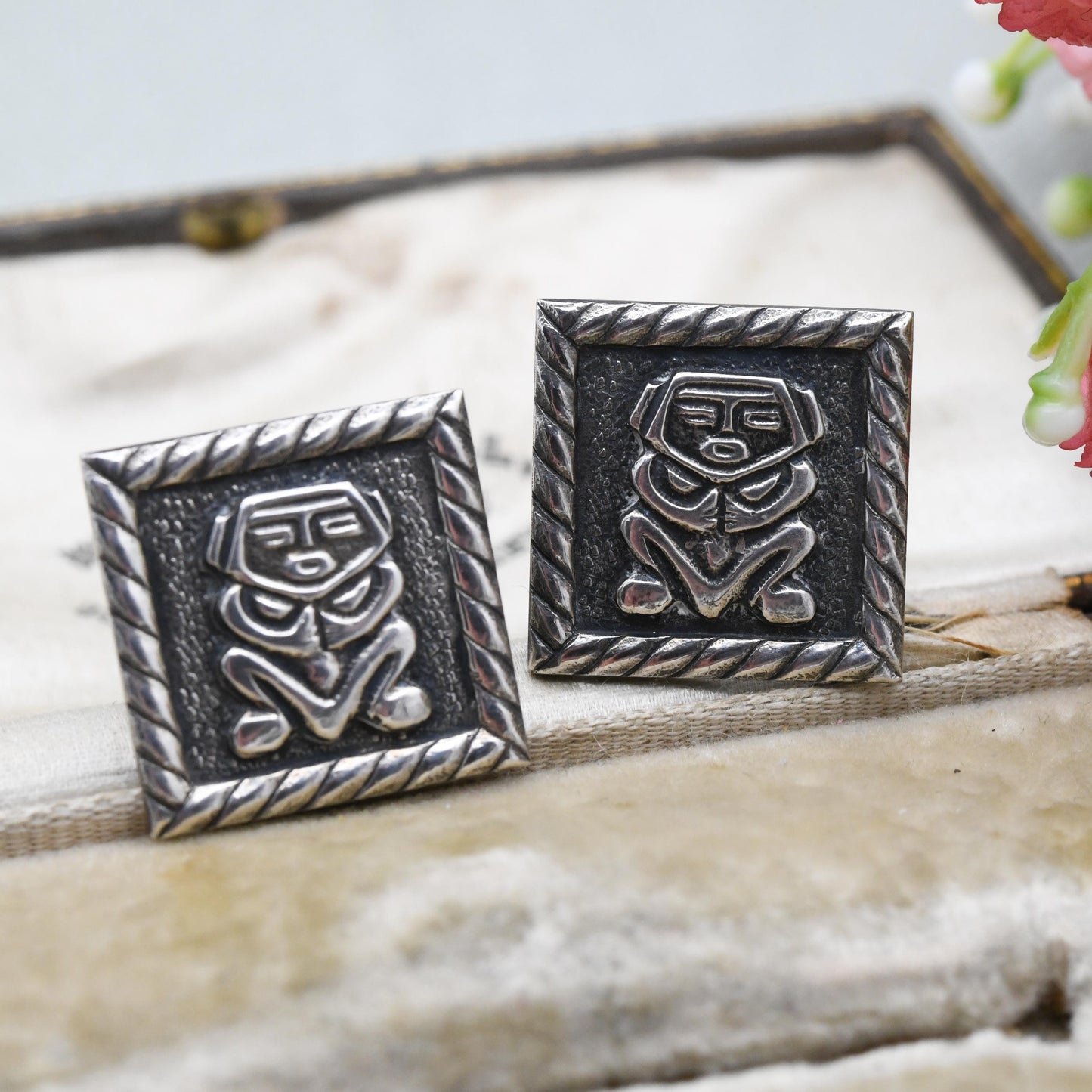 Vintage Mexican Silver Cufflinks - Aztec Textured Silver Figures | Raised Relied Central American Gift for Him | Bullet Back
