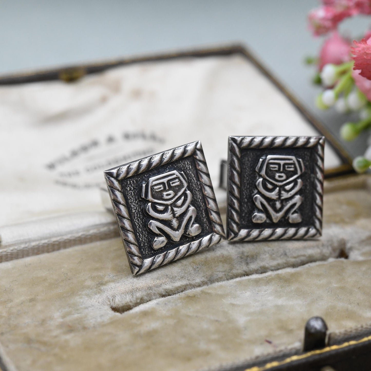 Vintage Mexican Silver Cufflinks - Aztec Textured Silver Figures | Raised Relied Central American Gift for Him | Bullet Back