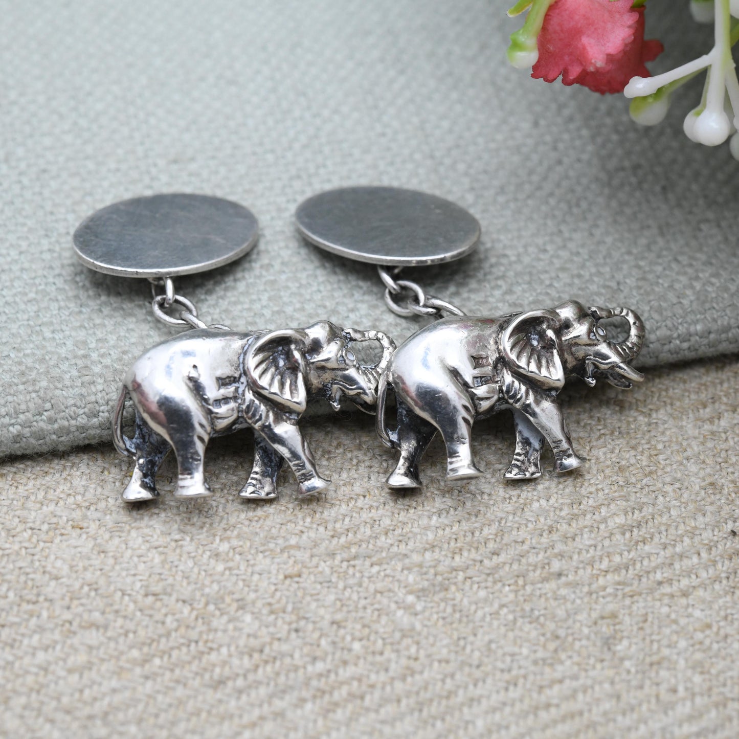 Vintage Silver African Elephant Chain Style Cufflinks 1992 - Ornate Textured Gift for Him Husband Father Brother