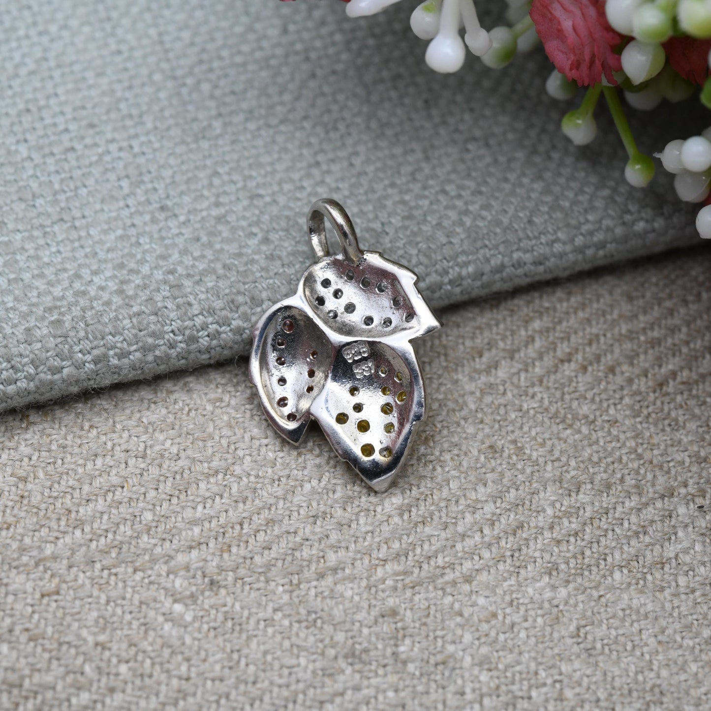 Vintage Sterling Silver Gold Plated Three Tone Leaf Pendant - Textured Floral Leaves Small Clear Stones | Gift for Charm Necklace