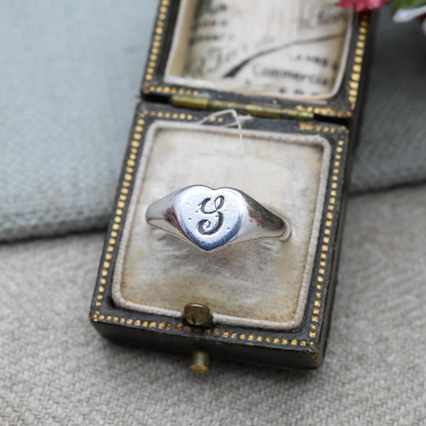Vintage Sterling Silver Letter Y Love Heart Signet Ring 1978 - Mid-Century Romantic Jewellery Gift for Her | UK Size - M 1/2 US Size - 6 1/2