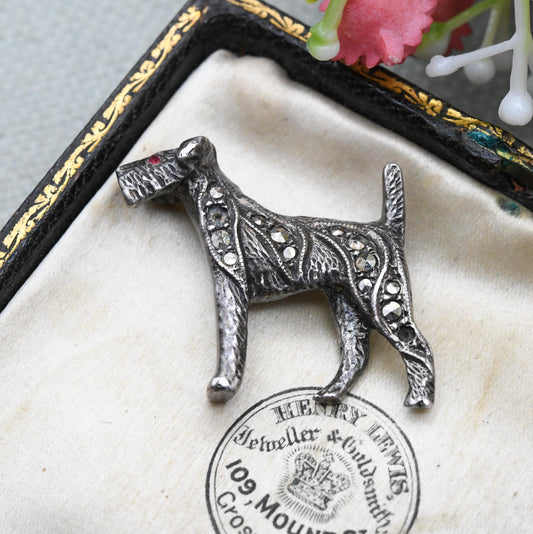 Antique Sterling Silver and Marcasite Terrier Dog Brooch c. 1910 - Edwardian Era 3D Animal Jewellery | Textured Fur | Welsh Airedale Terrier