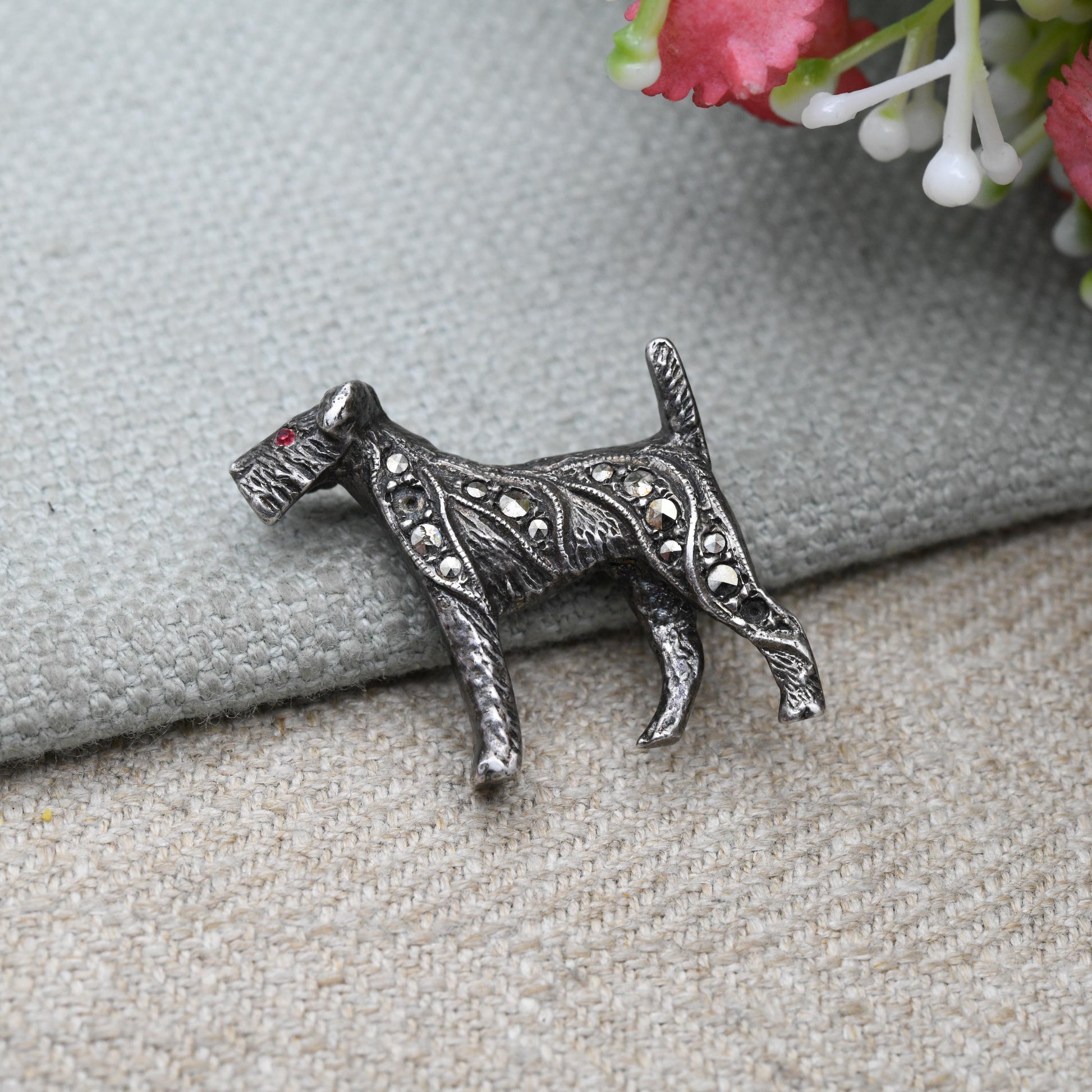 Antique Sterling Silver and Marcasite Terrier Dog Brooch c. 1910 - Edwardian Era 3D Animal Jewellery | Textured Fur | Welsh Airedale Terrier