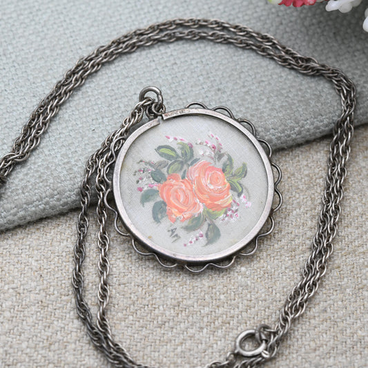 Vintage Silver Hand Painted Fabric Flowers Locket with Silver Prince of Wales Chain Necklace - Chintz Embroidered Roses | Gift for Her