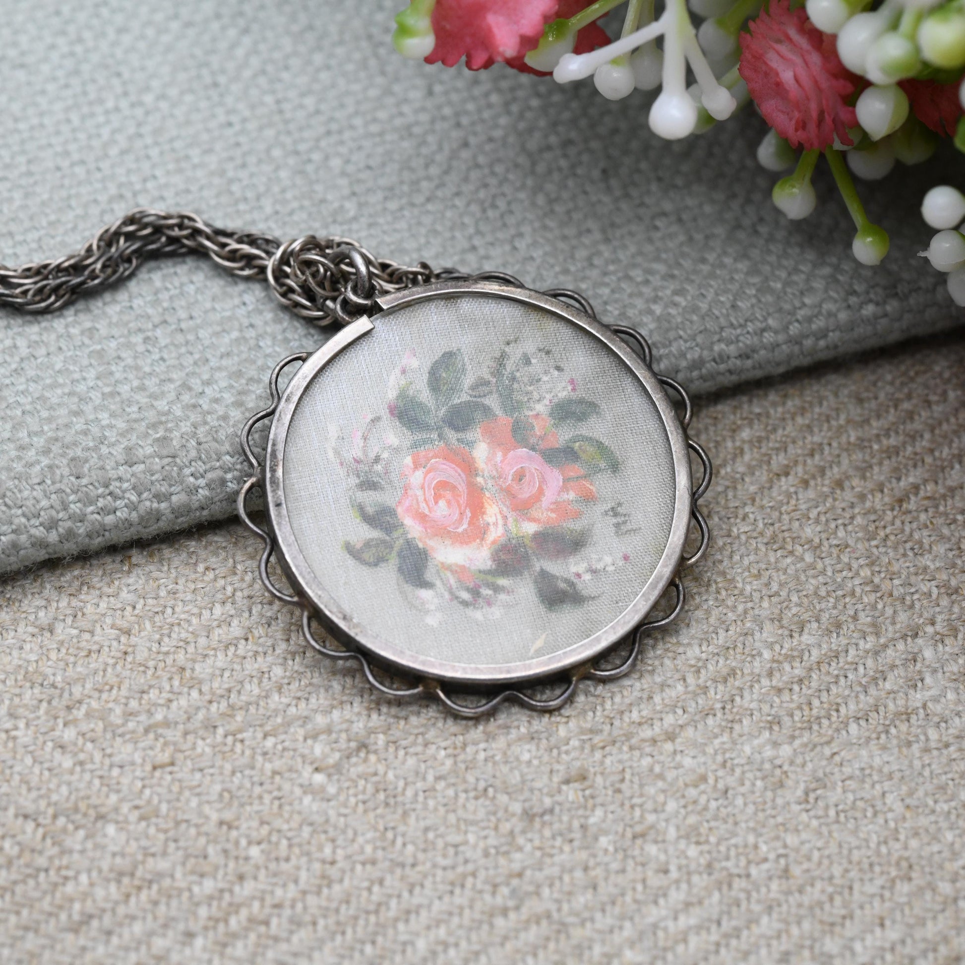 Vintage Silver Hand Painted Fabric Flowers Locket with Silver Prince of Wales Chain Necklace - Chintz Embroidered Roses | Gift for Her