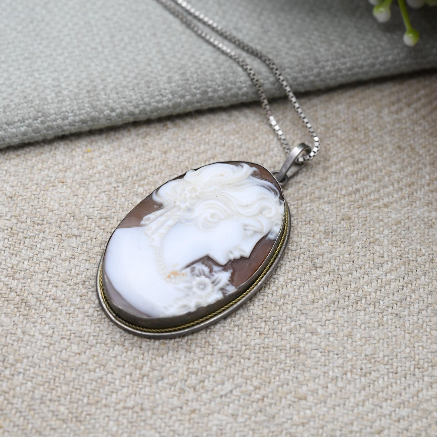 Vintage Sterling Silver Italian Cameo Pendant Necklace - Raised Classical Profile Shell Portrait | Hand Carved Face | Gift for Her