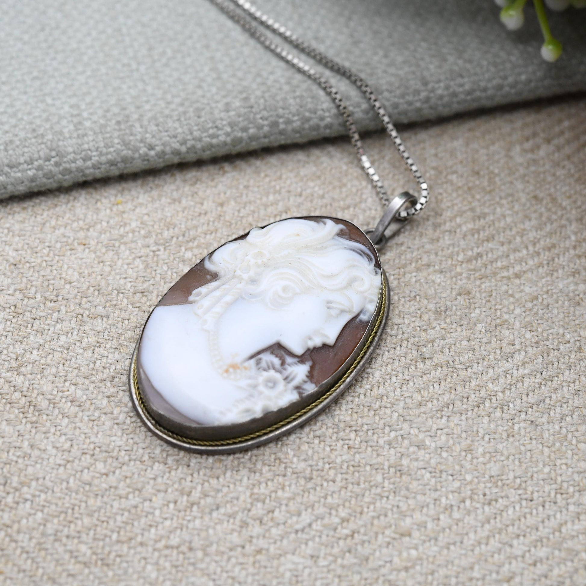 Vintage Sterling Silver Italian Cameo Pendant Necklace - Raised Classical Profile Shell Portrait | Hand Carved Face | Gift for Her