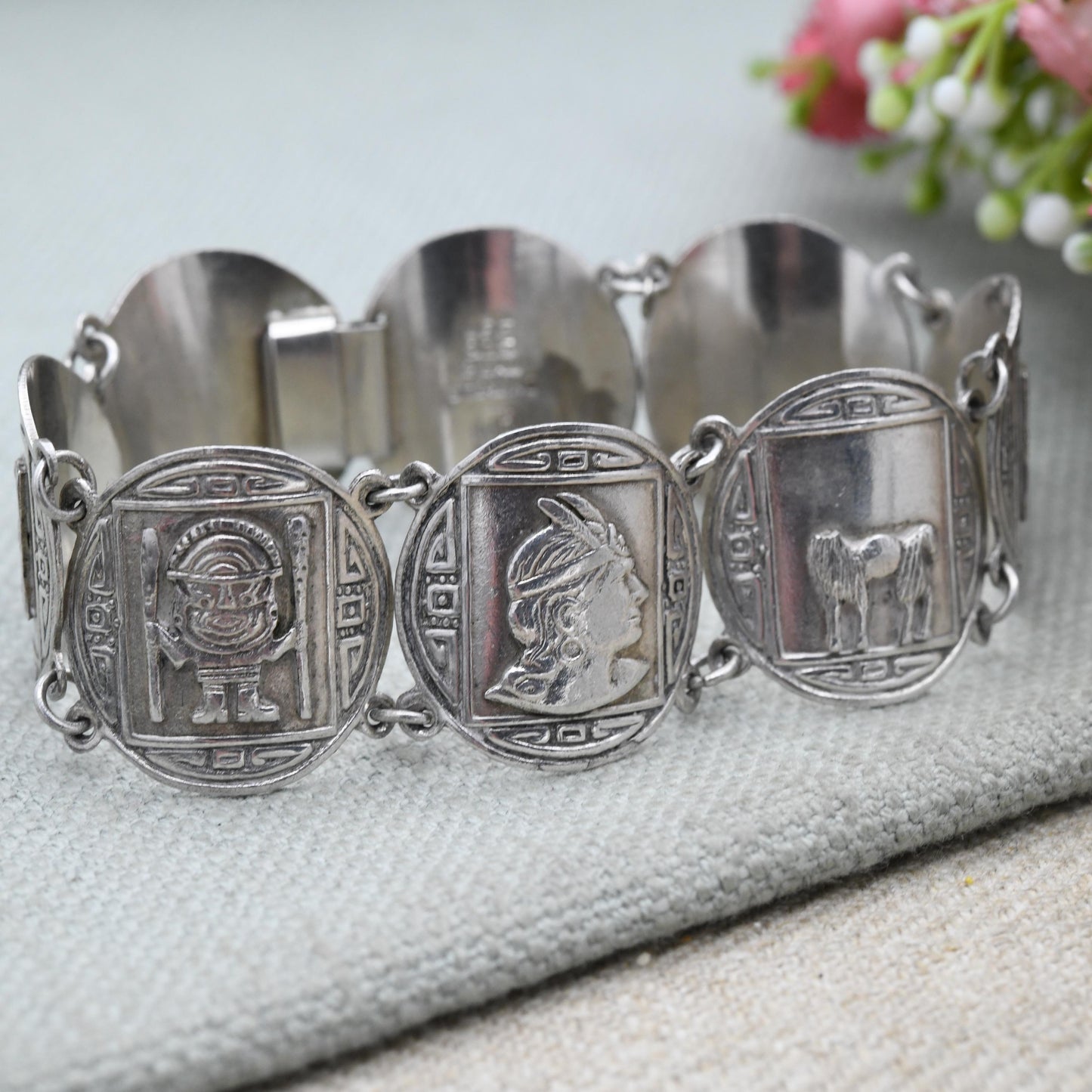 Vintage Peruvian Sterling Silver Bracelet Engraved Relief Panels MR - Souvenir Scenes Llama Alpaca Warriors Gods Detailed | Slide Box Clasp