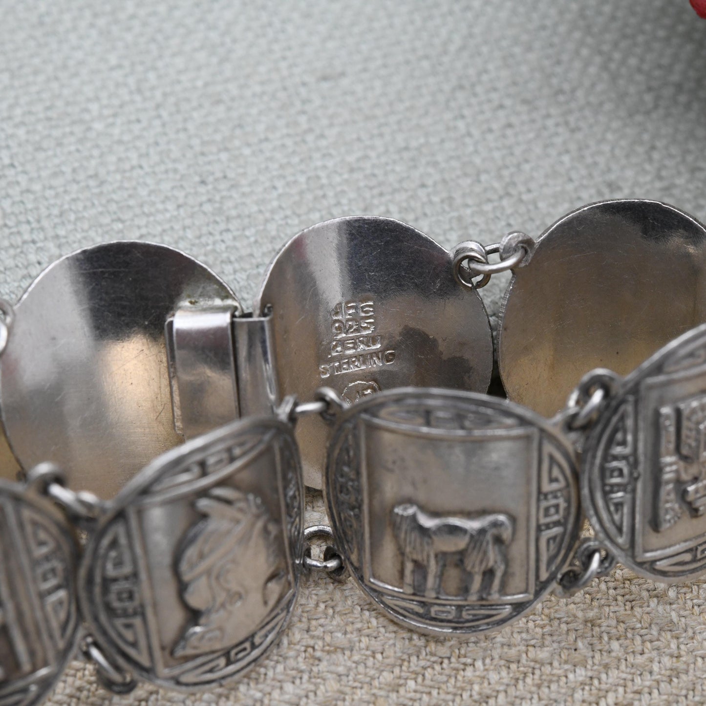 Vintage Peruvian Sterling Silver Bracelet Engraved Relief Panels MR - Souvenir Scenes Llama Alpaca Warriors Gods Detailed | Slide Box Clasp
