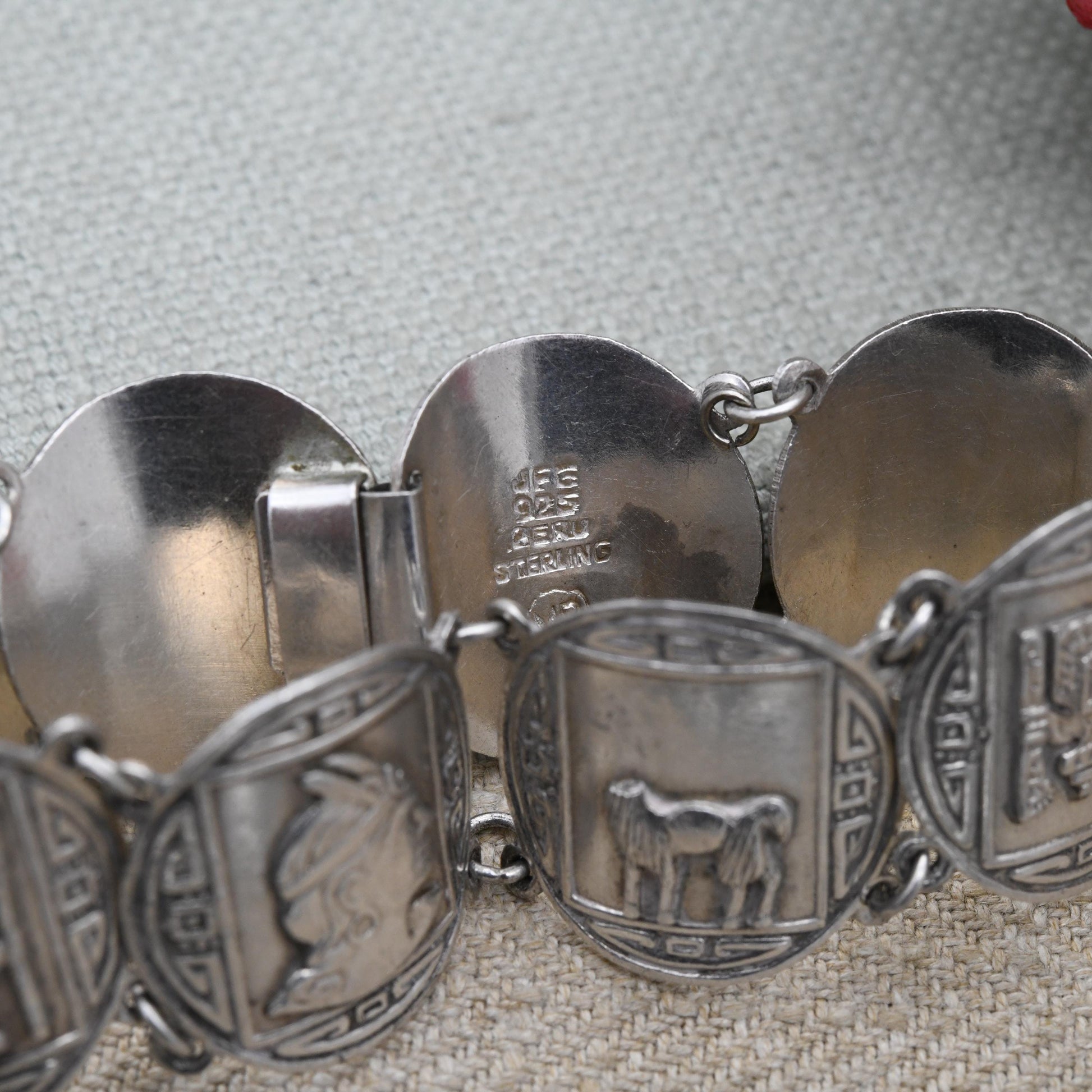 Vintage Peruvian Sterling Silver Bracelet Engraved Relief Panels MR - Souvenir Scenes Llama Alpaca Warriors Gods Detailed | Slide Box Clasp