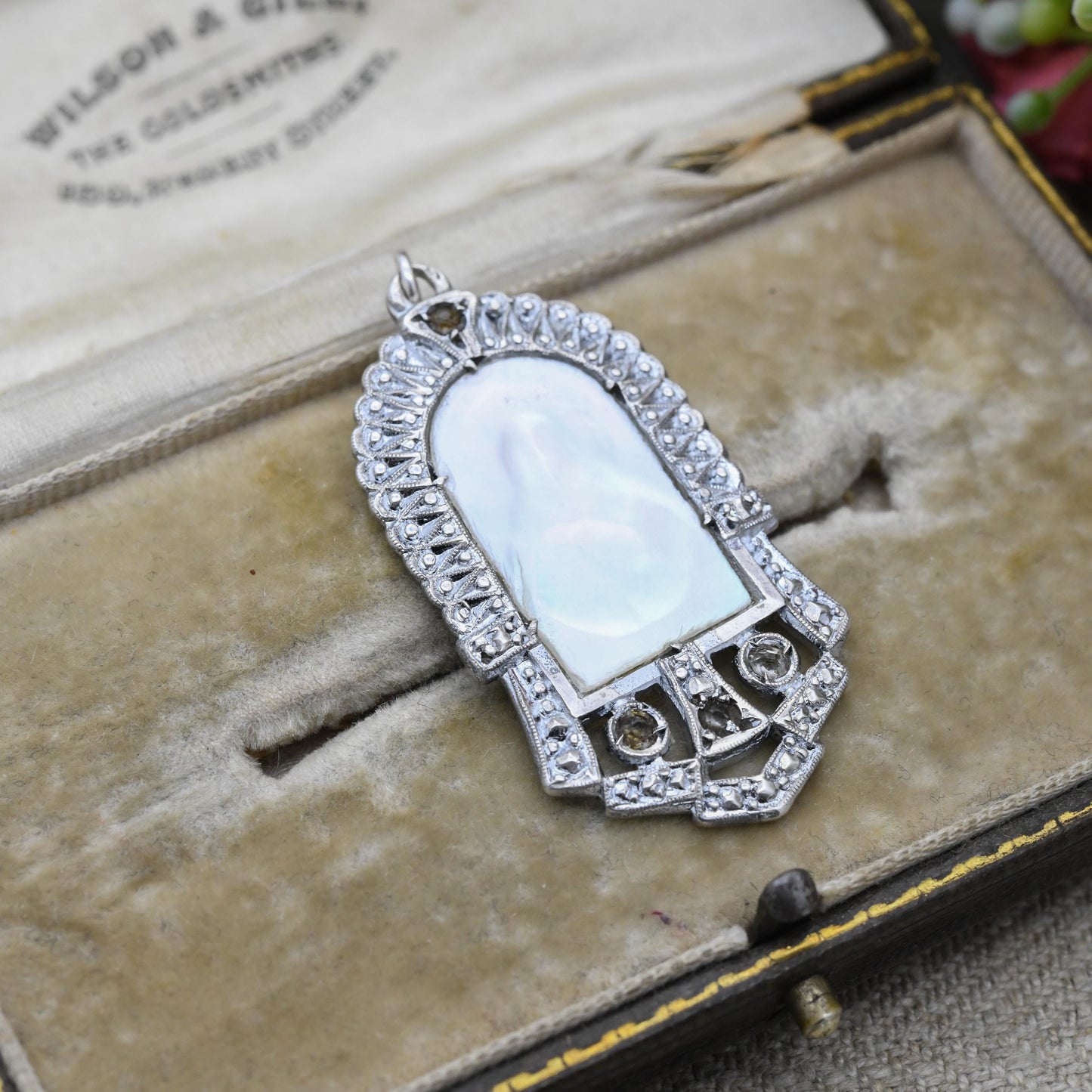 Vintage European Silver Mother of Pearl Mary Mother of Jesus Pendant - Unique Clear Stone Openwork Milgrain | Religious Gift for Necklace