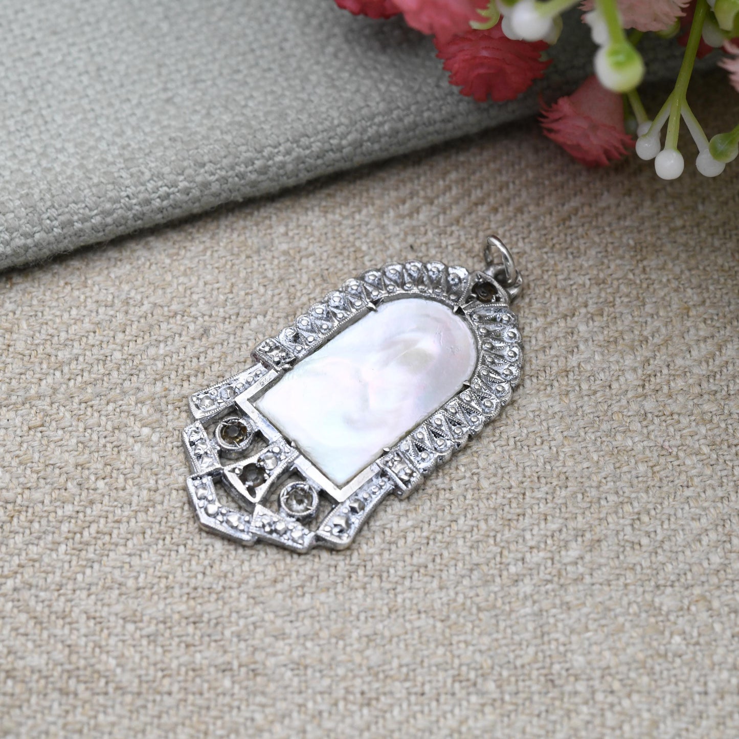 Vintage European Silver Mother of Pearl Mary Mother of Jesus Pendant - Unique Clear Stone Openwork Milgrain | Religious Gift for Necklace