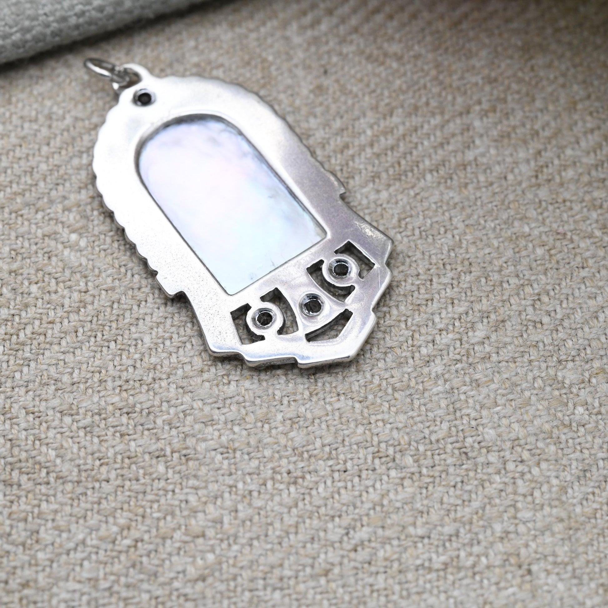 Vintage European Silver Mother of Pearl Mary Mother of Jesus Pendant - Unique Clear Stone Openwork Milgrain | Religious Gift for Necklace