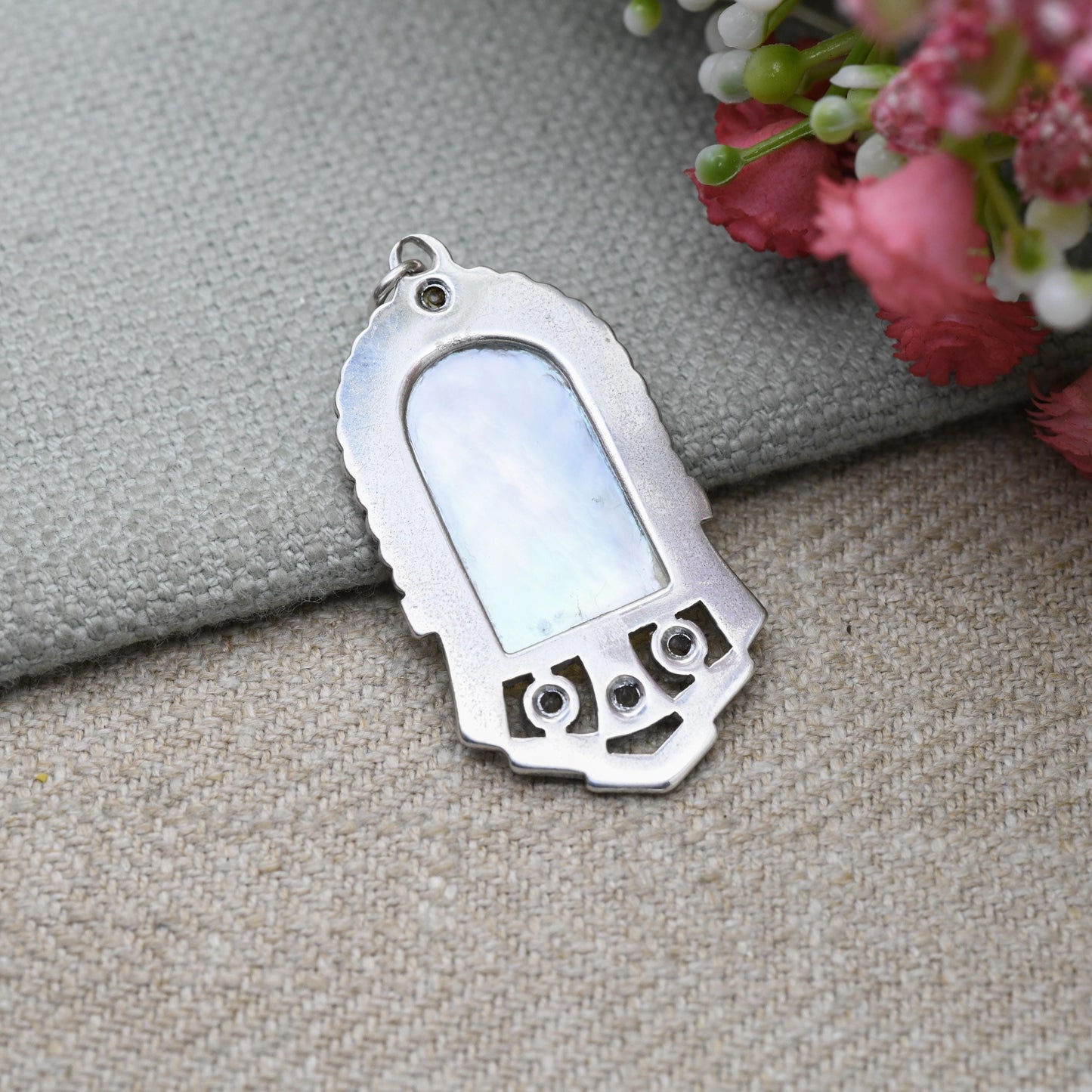 Vintage European Silver Mother of Pearl Mary Mother of Jesus Pendant - Unique Clear Stone Openwork Milgrain | Religious Gift for Necklace