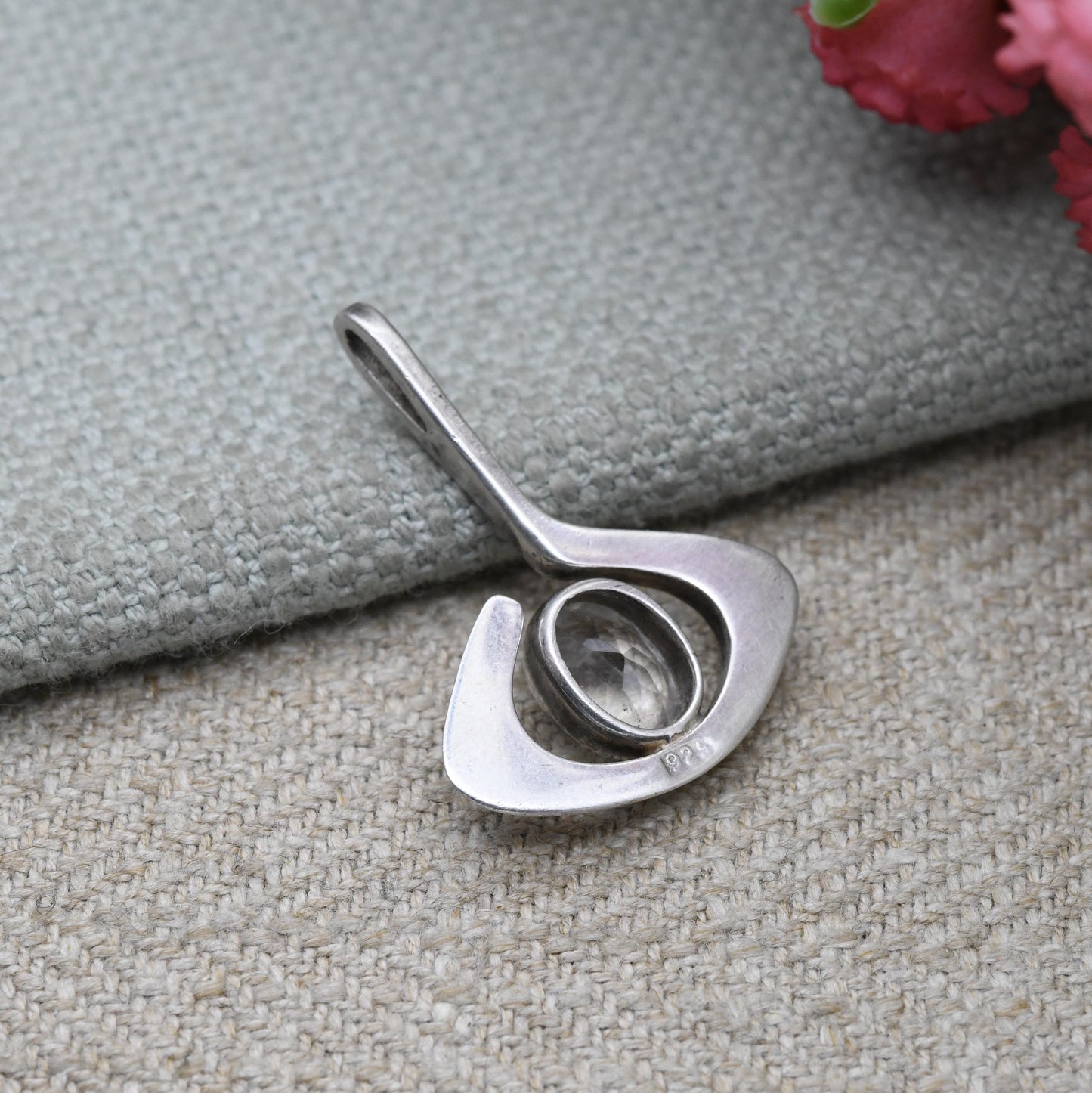 Sterling Silver Clear Stone Abstract Eye Charm Pendant - Minimalist Small Sparkly Stone | Gift for Pendant Charm Necklace