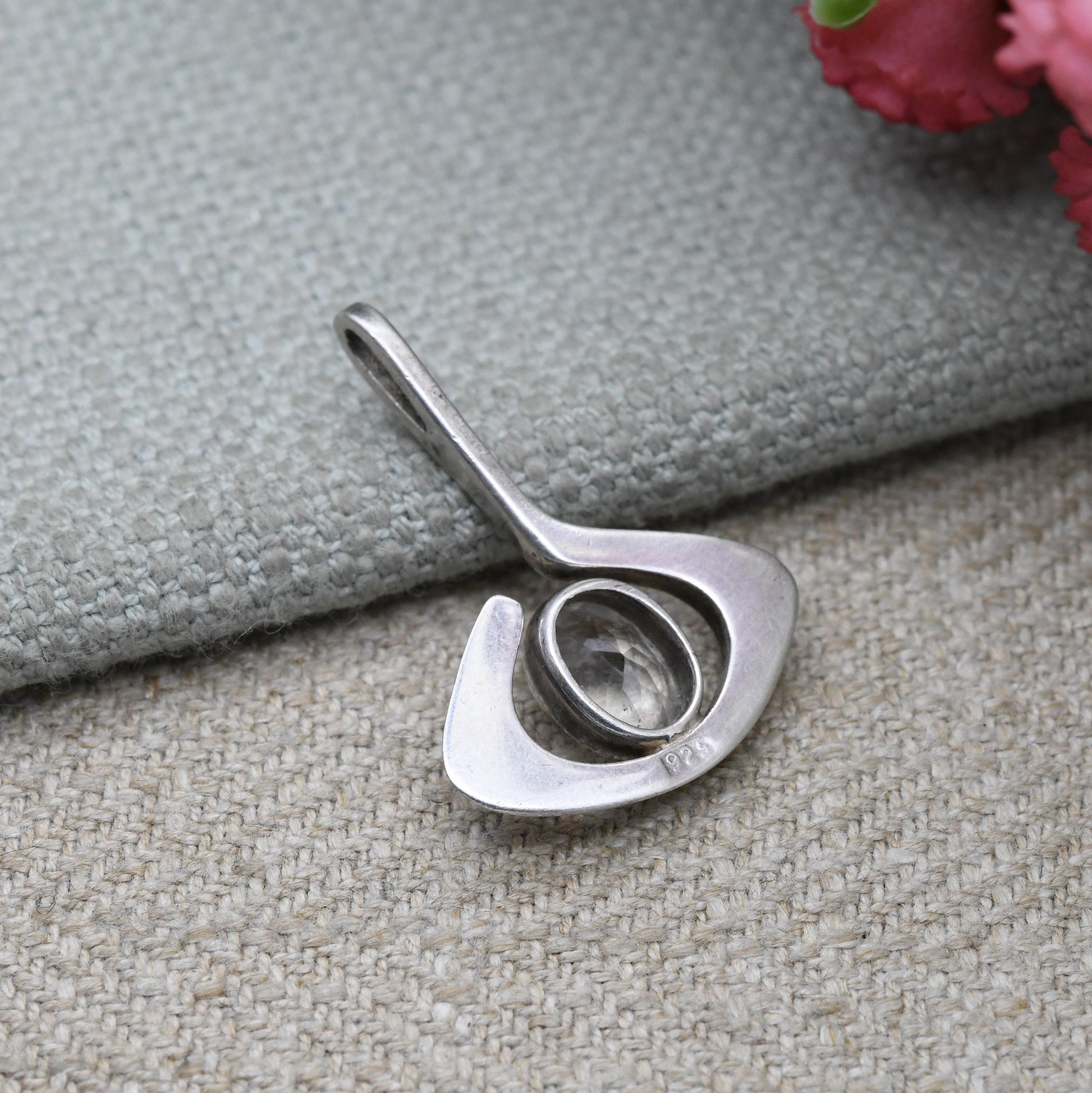 Sterling Silver Clear Stone Abstract Eye Charm Pendant - Minimalist Small Sparkly Stone | Gift for Pendant Charm Necklace