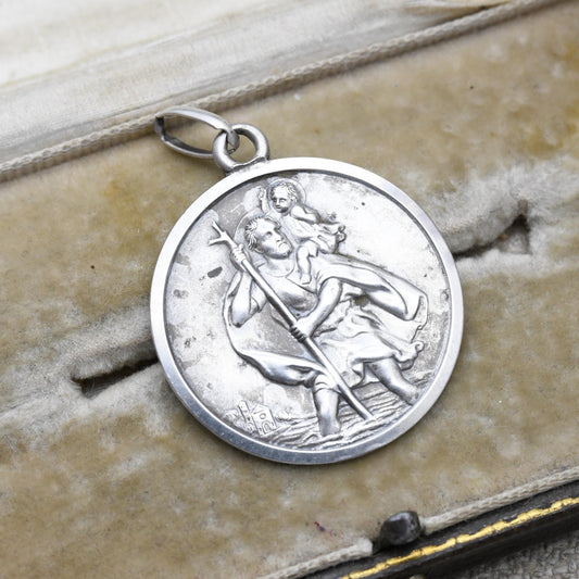 Vintage Sterling Silver St. Christopher Pendant - Large Circle Saint of Travelling | Christian Religious Jewellery | Detailed Relief Image