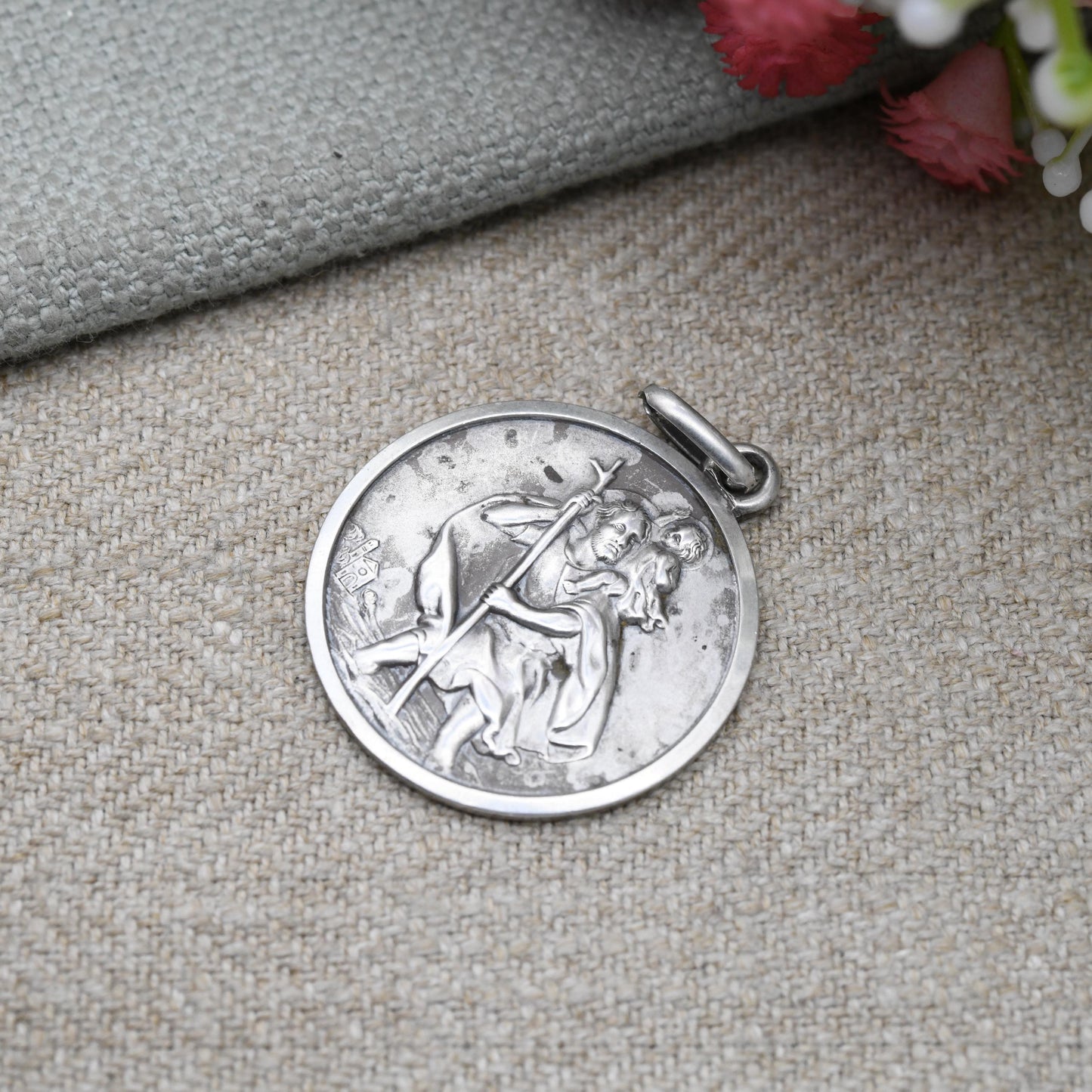 Vintage Sterling Silver St. Christopher Pendant - Large Circle Saint of Travelling | Christian Religious Jewellery | Detailed Relief Image