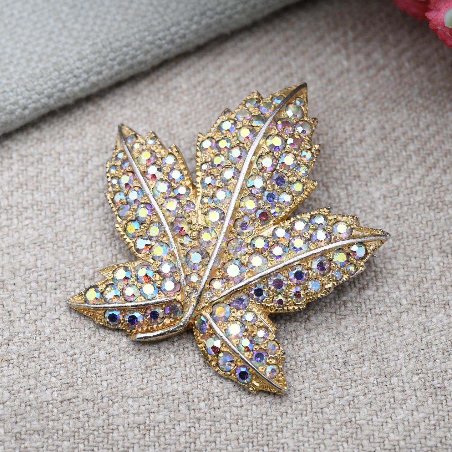 Vintage Keyes Maple Leaf Brooch with Aurora Borealis Rhinestones c. 1960s