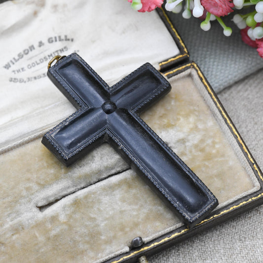 Antique Victorian Pressed Horn Cross Pendant - Large Sized Unisex Black Cross Jewellery Collectable