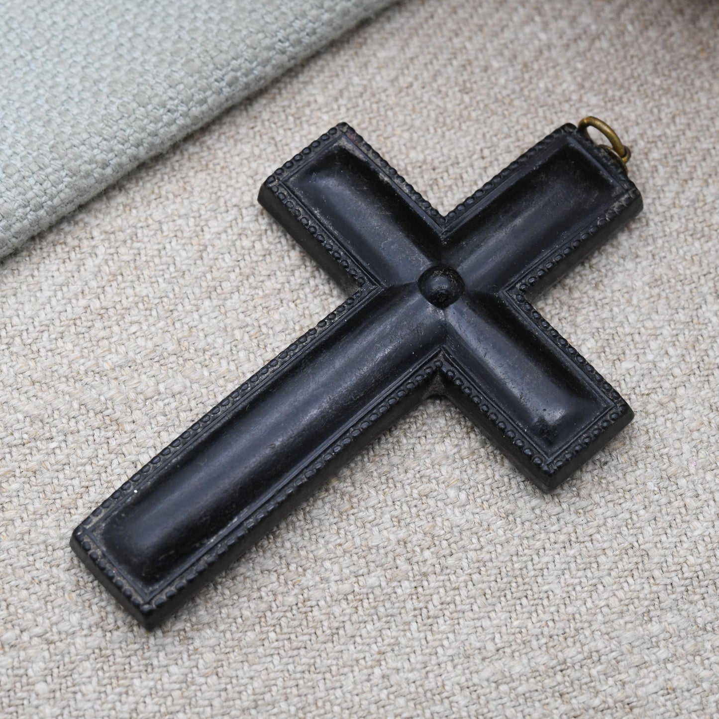 Antique Victorian Pressed Horn Cross Pendant - Large Sized Unisex Black Cross Jewellery Collectable