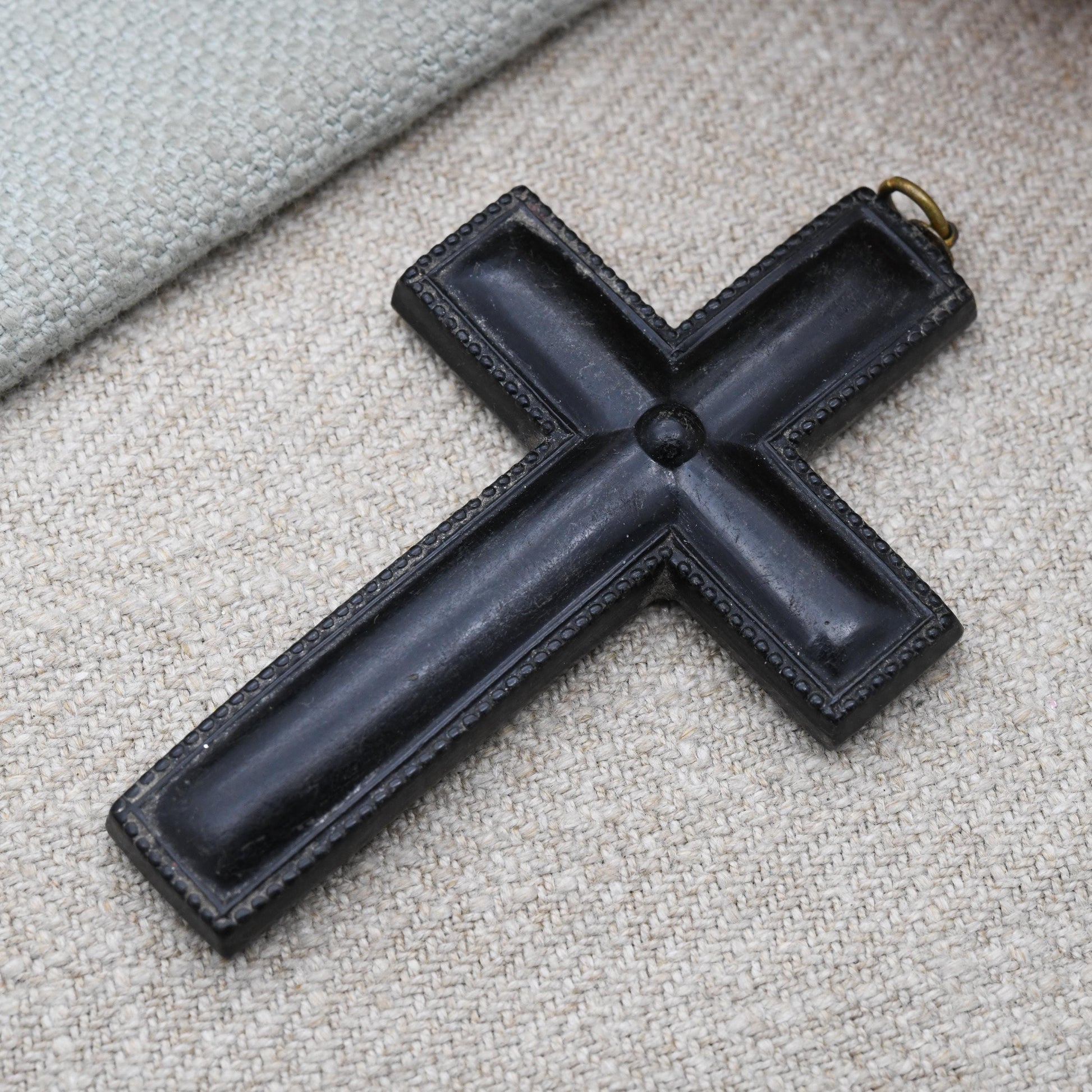 Antique Victorian Pressed Horn Cross Pendant - Large Sized Unisex Black Cross Jewellery Collectable