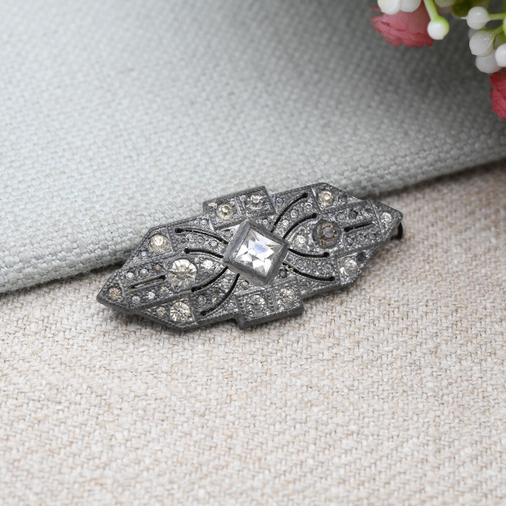 Vintage Art Deco Paste Brooch with Milgrain Detail c. 1930s - Signed GJC