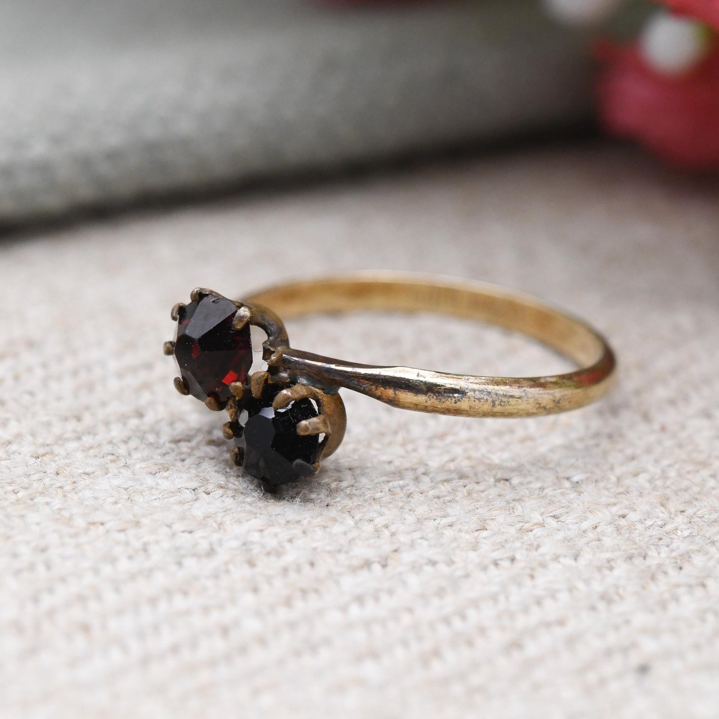 Vintage Rolled Gold Toi et Moi Ring with Red Paste Stones - True Vintage Gift c. 1950s | UK Size - L 1/2 | US Size - 6 1/4