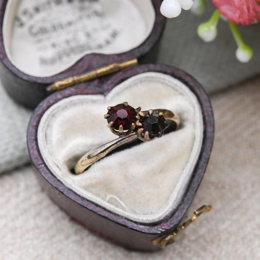 Vintage Rolled Gold Toi et Moi Ring with Red Paste Stones - True Vintage Gift c. 1950s | UK Size - L 1/2 | US Size - 6 1/4