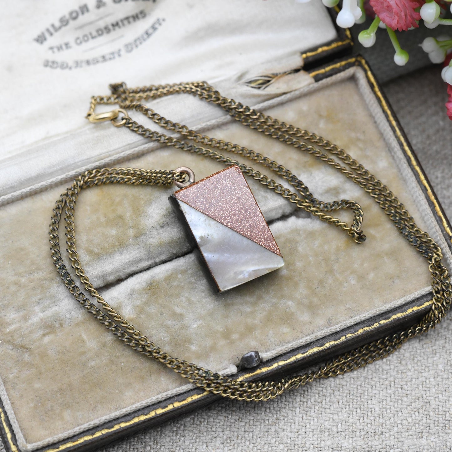 Antique Gemstone Book Pendant Necklace with Mother of Pearl Onyx Goldstone