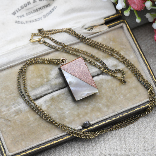 Antique Gemstone Book Pendant Necklace with Mother of Pearl Onyx Goldstone