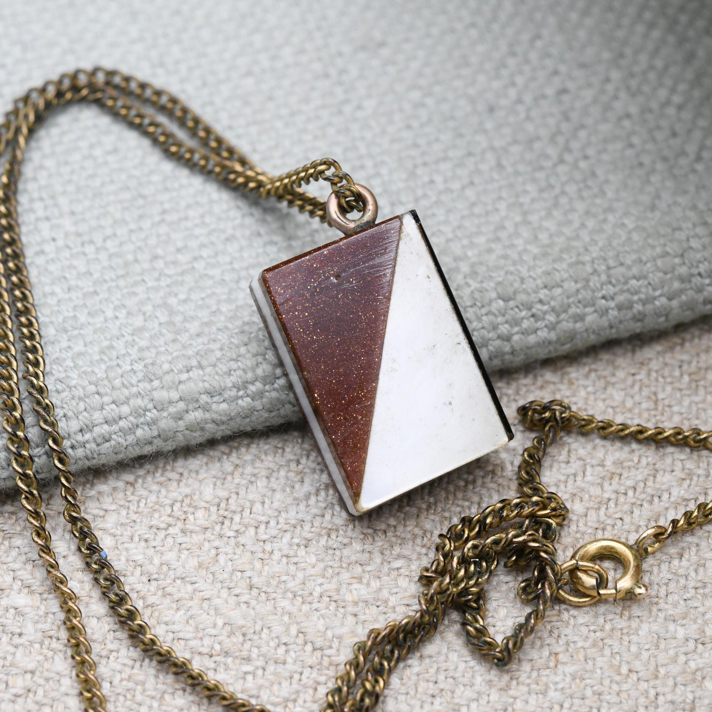 Antique Gemstone Book Pendant Necklace with Mother of Pearl Onyx Goldstone