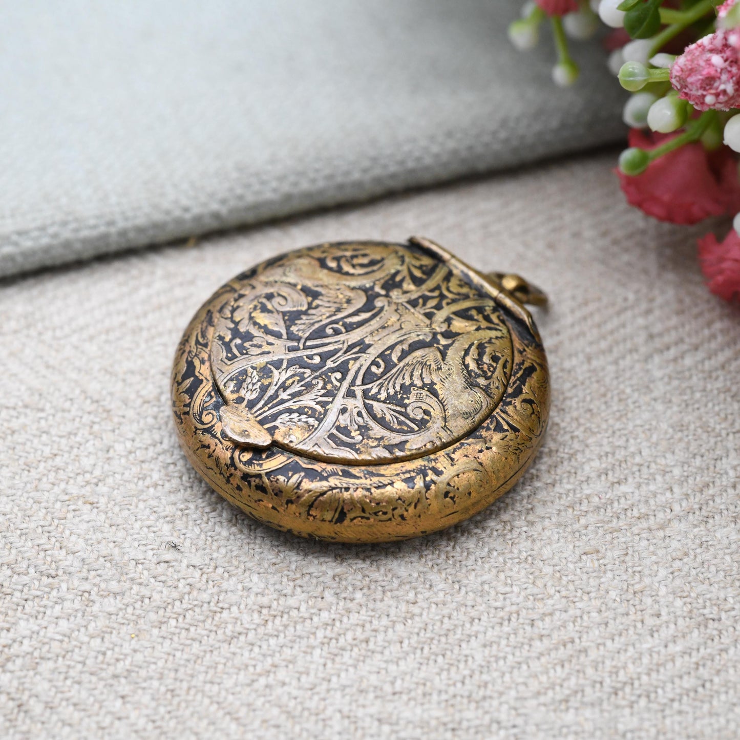 Antique Compact Locket Pendant Fob with Mirror Inside - Opening Powder Box Keepsake Necklace | Chinoiserie Dragon Design