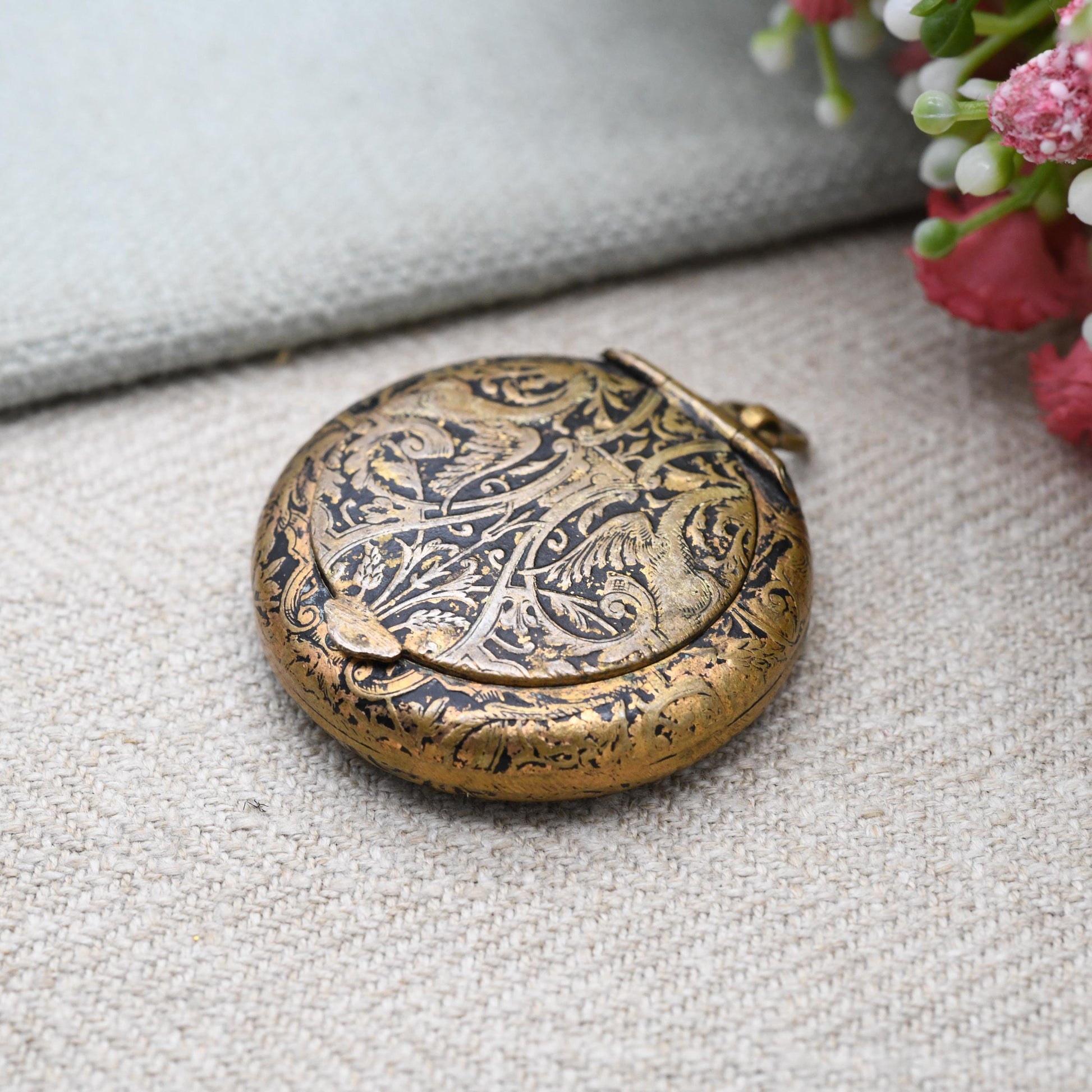 Antique Compact Locket Pendant Fob with Mirror Inside - Opening Powder Box Keepsake Necklace | Chinoiserie Dragon Design