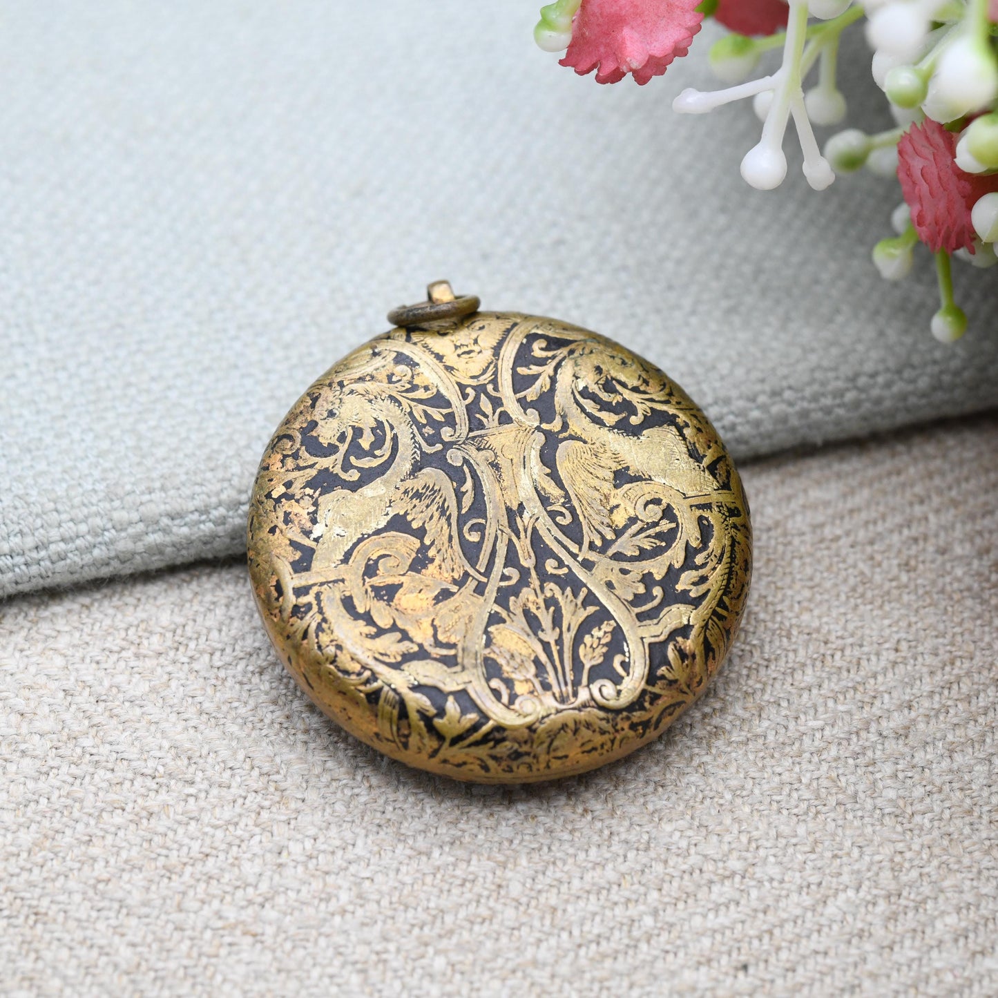 Antique Compact Locket Pendant Fob with Mirror Inside - Opening Powder Box Keepsake Necklace | Chinoiserie Dragon Design