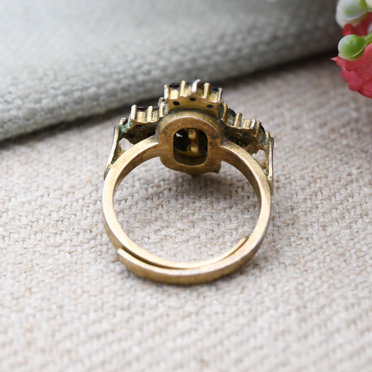 Antique Bohemian Garnet Cluster Ring Sterling Silver Gilt c. 1900 Adjustable Size UK - H | US - 4