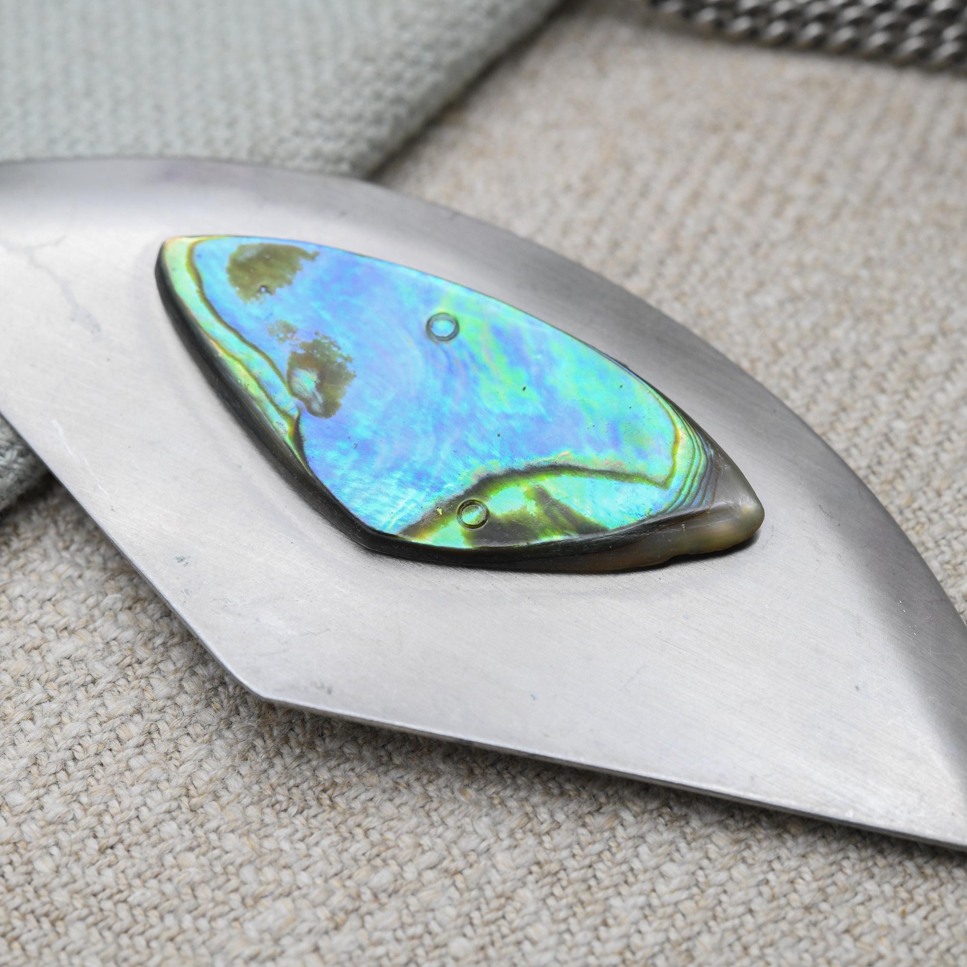 Vintage Modernist Abalone Shell Pendant Necklace by Peak - Stainless Steel Made in England