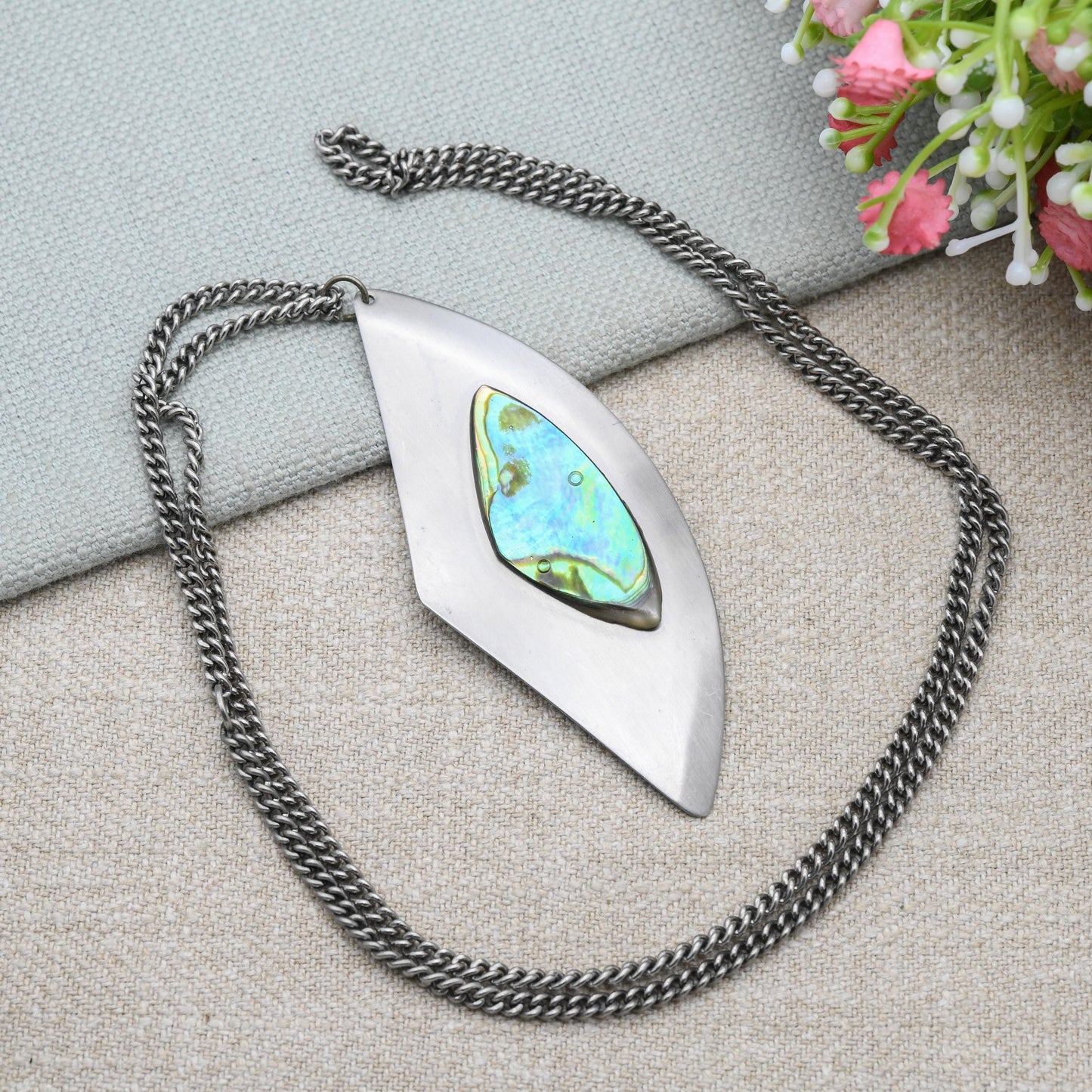Vintage Modernist Abalone Shell Pendant Necklace by Peak - Stainless Steel Made in England