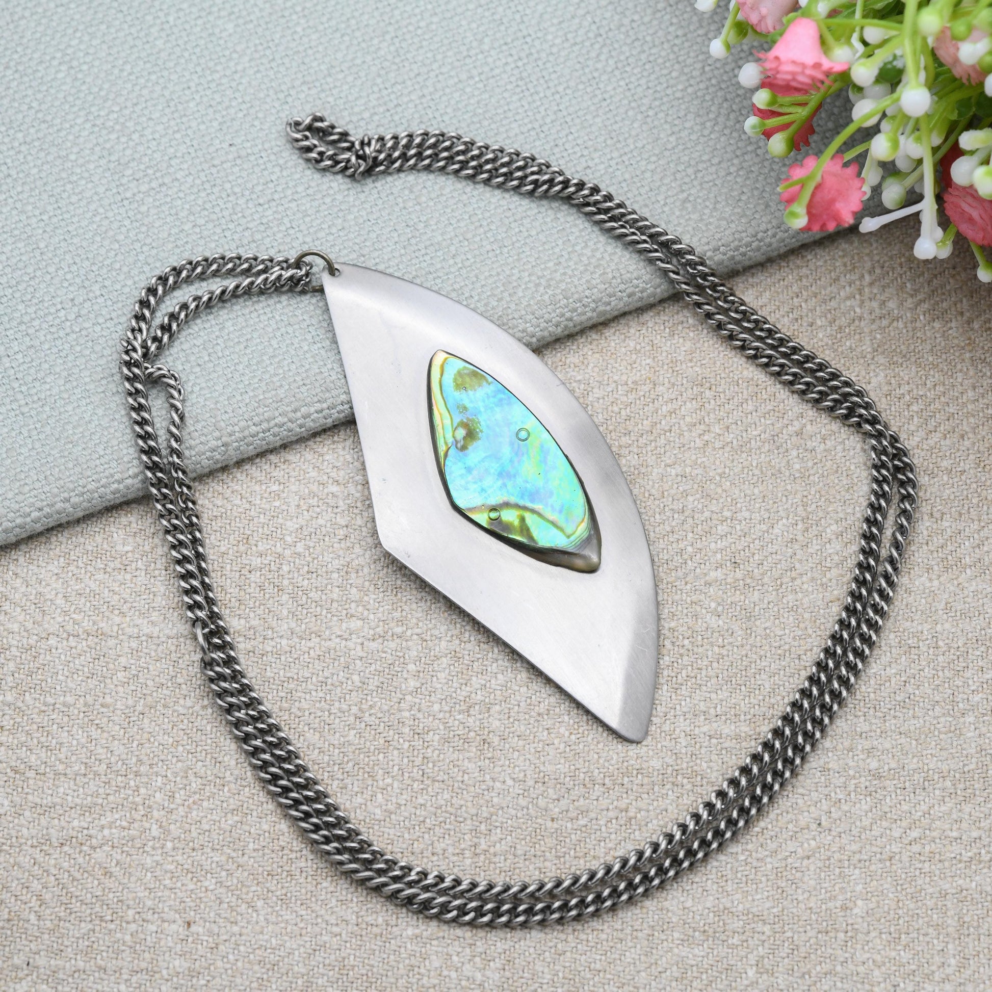 Vintage Modernist Abalone Shell Pendant Necklace by Peak - Stainless Steel Made in England