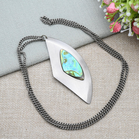 Vintage Modernist Abalone Shell Pendant Necklace by Peak - Stainless Steel Made in England