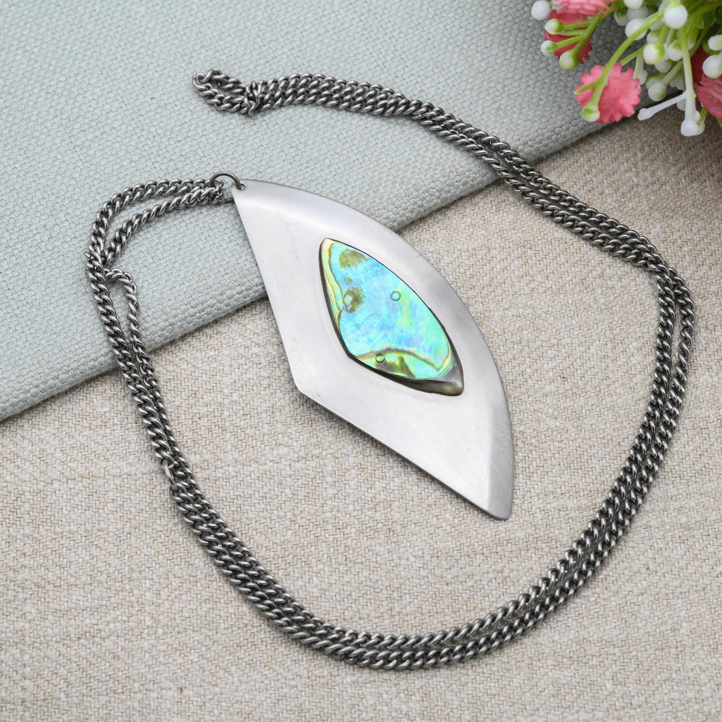 Vintage Modernist Abalone Shell Pendant Necklace by Peak - Stainless Steel Made in England