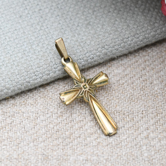 Vintage Rolled Gold Cross Pendant with Milgrain Detail - Mid-Century Religious Christian Cross