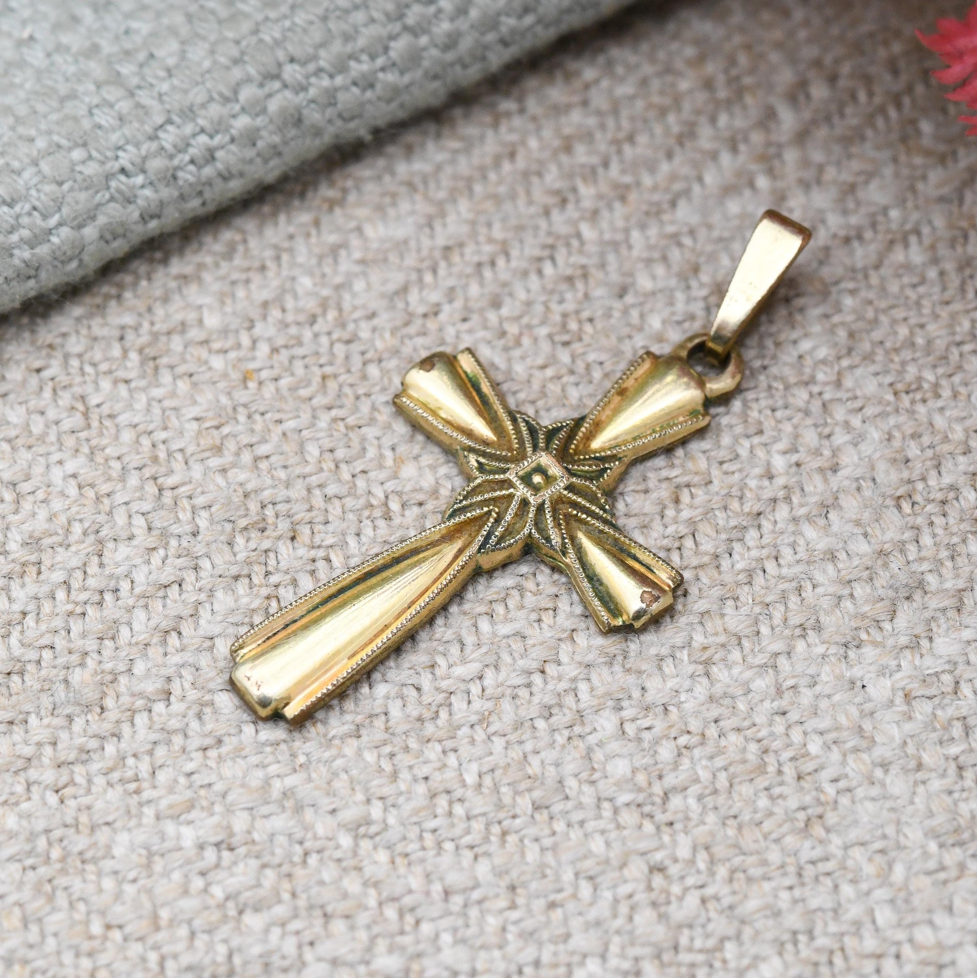 Vintage Rolled Gold Cross Pendant with Milgrain Detail - Mid-Century Religious Christian Cross