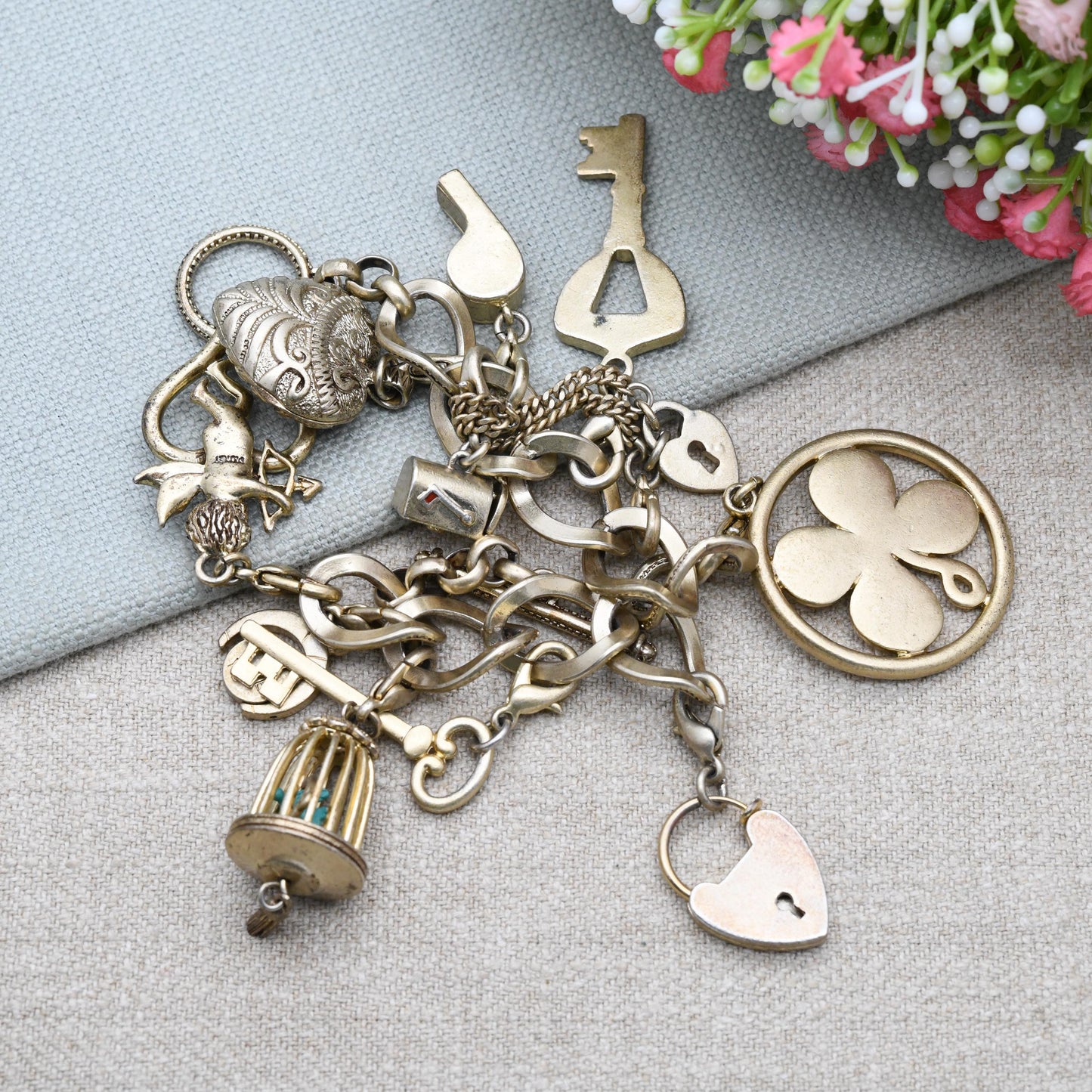 Vintage Monet Charm Bracelet 75th Anniversary Collection 2005 - Love and Luck Theme Charms Y2K | 7.5"
